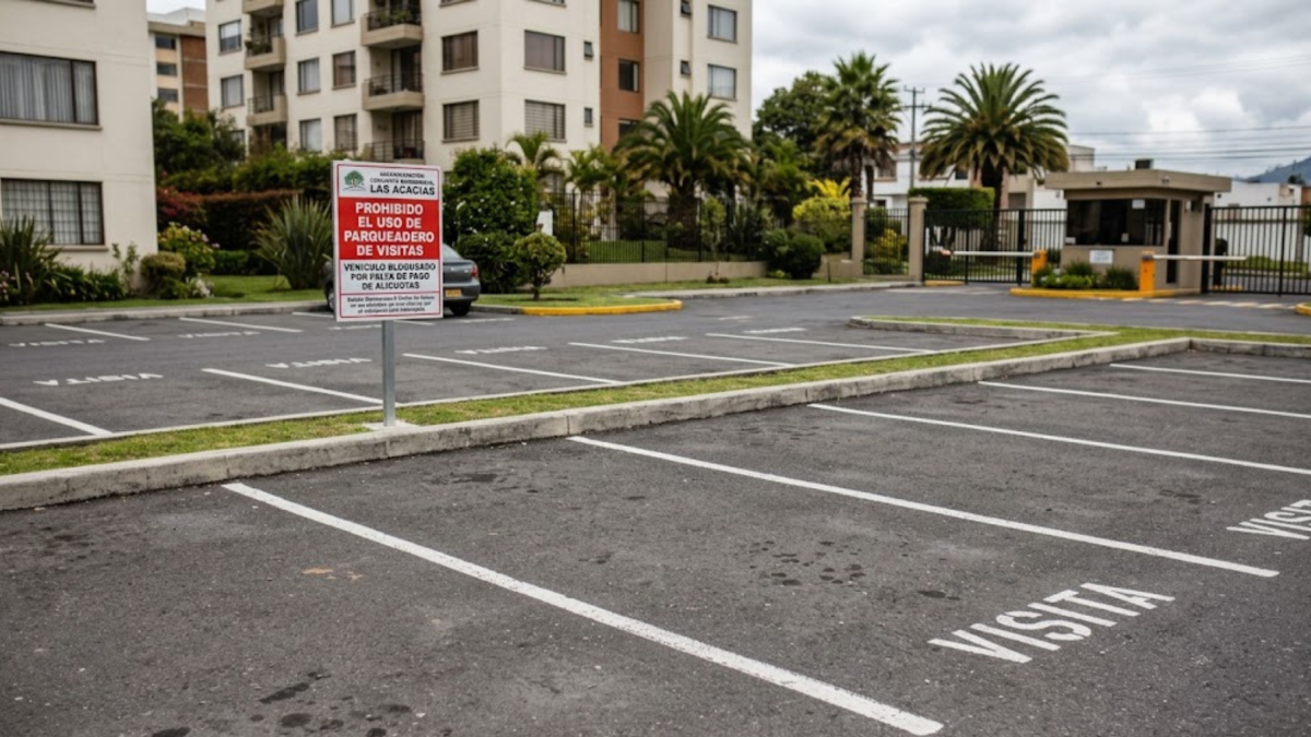 Imagen simbólica, generada con IA, sobre prohibición para uso de parqueaderos de visitas para copropietarios que no pagan alícuotas.