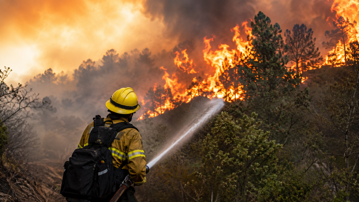 Bombero combate un incendio forestal mientras las llamas avanzan entre la vegetación.