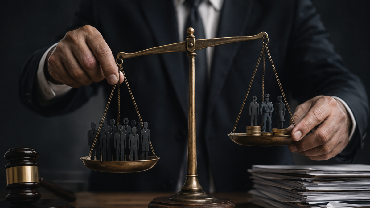 La imagen representa el desequilibrio de la justicia y la relación entre poder, impunidad y delincuencia política.