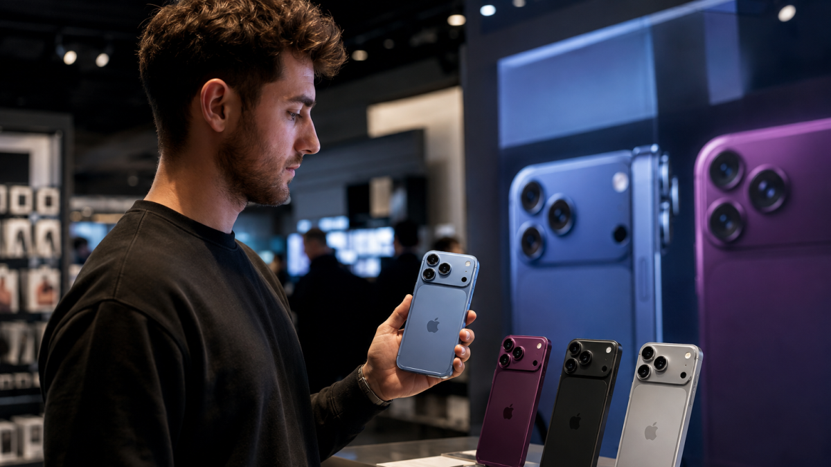 Una persona sostiene uno de los nuevos modelos de iPhone mientras observa otros dispositivos exhibidos en una tienda de tecnología.