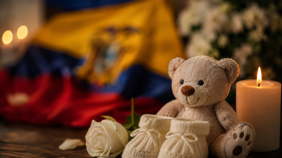 Un osito, unos zapatitos de bebé y una vela encendida simbolizan el duelo perinatal y la memoria de una vida que no llegó a nacer.