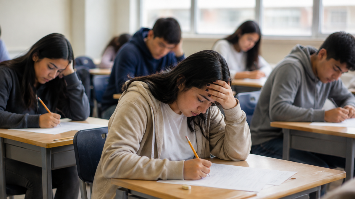 Estudiantes rinden una evaluación en un aula, en medio del debate sobre los bajos puntajes de ingreso a la universidad y la calidad de la educación en Ecuador.