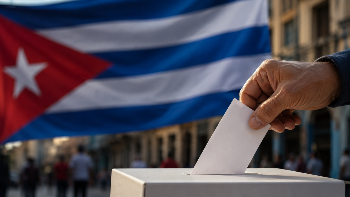 Una persona deposita su voto en una urna, con la bandera de Cuba de fondo, en una representación sobre el debate en torno al sistema electoral de la isla.