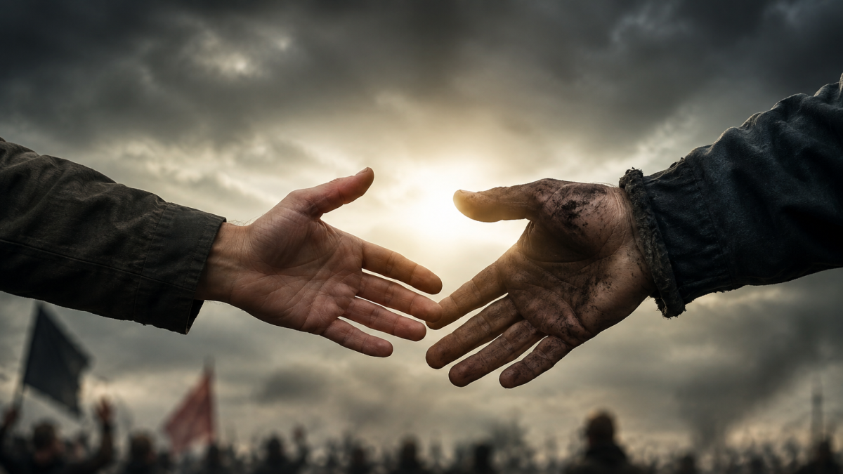 Dos manos intentan encontrarse en medio de un escenario de tensión y división, como símbolo de la humanidad que debería prevalecer sobre las diferencias políticas.