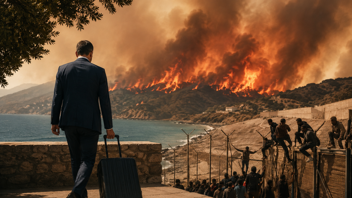Una escena simbólica representa los incendios en España, la crisis migratoria y el debate sobre la gestión y el desgaste del Gobierno de Pedro Sánchez.