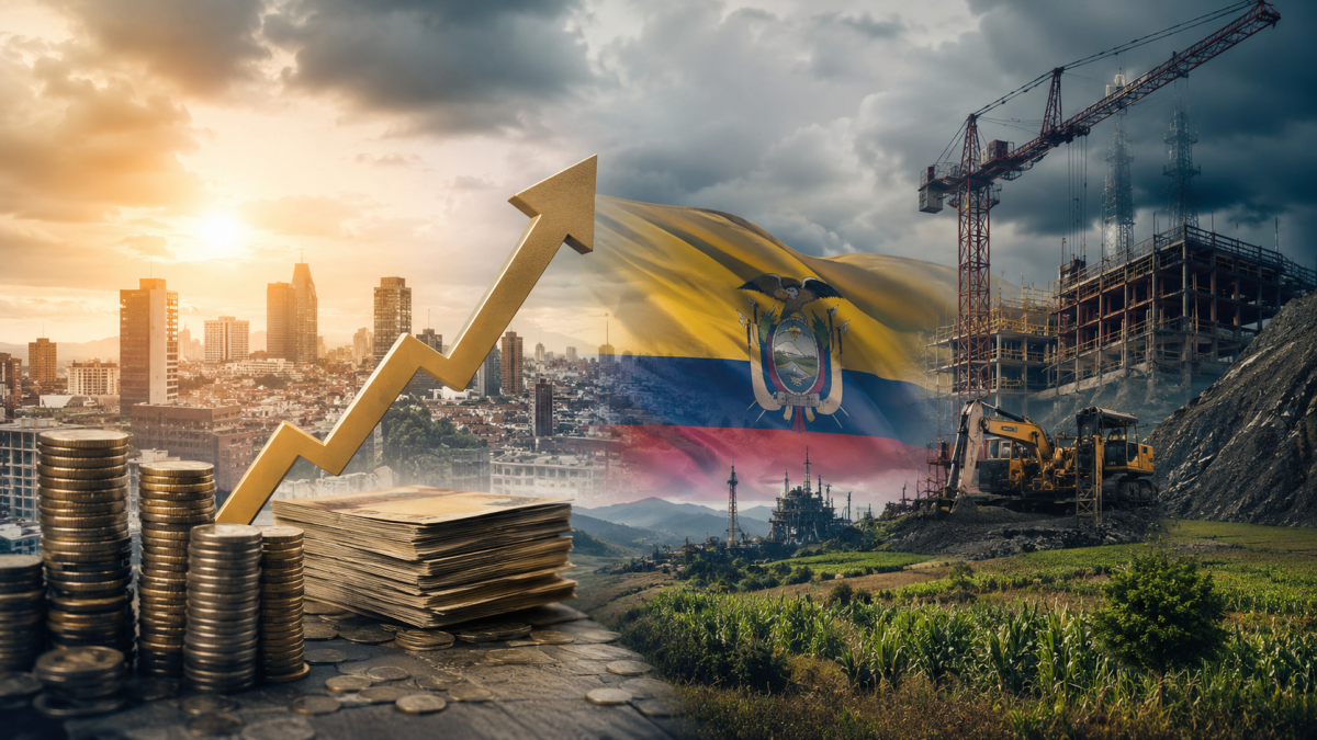 Una representación visual de los desafíos del crecimiento económico de Ecuador en 2026, marcado por el desempeño de sectores como la construcción, la industria, el petróleo y la agricultura.