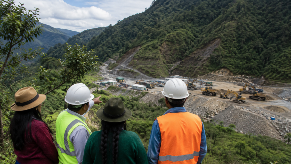 Representantes de comunidades y del sector minero observan una operación extractiva, en una imagen que refleja la importancia del diálogo, la confianza y el desarrollo local.