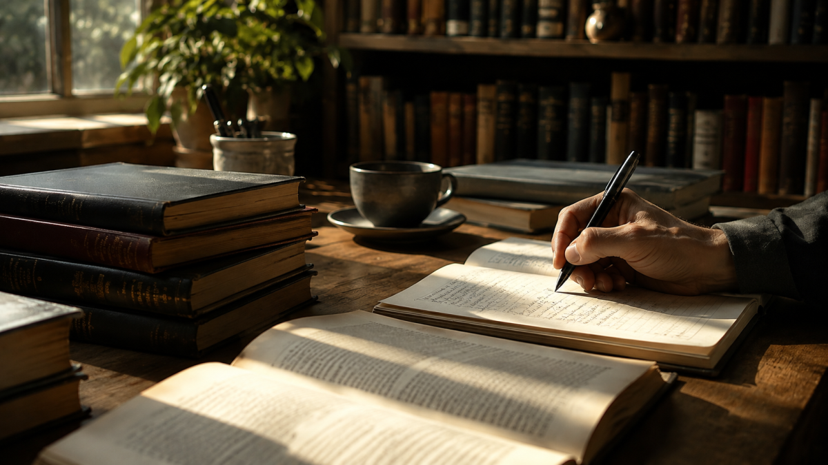 Una mano escribe junto a libros abiertos, una imagen que evoca el valor del pensamiento, la reflexión y las enseñanzas que trascienden la mera transmisión de información.