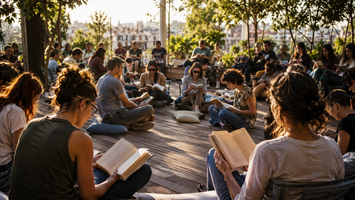 Personas leen sus propios libros en un espacio compartido, una tendencia que transforma la lectura individual en una experiencia colectiva.