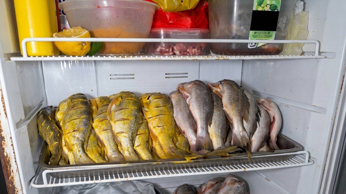 Las corvinas apiladas en el interior de un refrigerador en la cocina del restaurante.