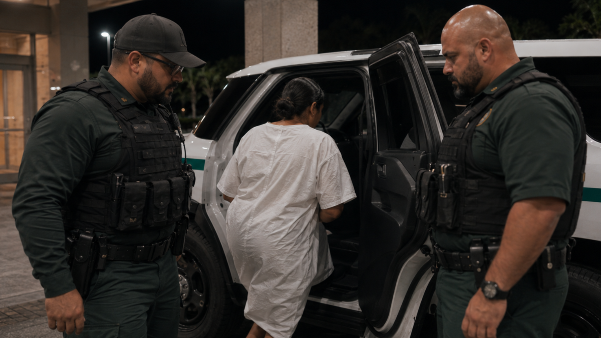 Referencial.Agentes escoltan a una ecuatoriana detenida por ICE en Florida.