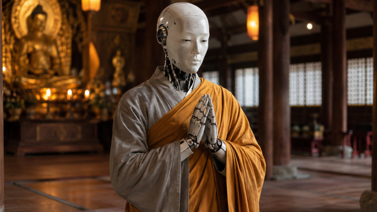 Un robot con apariencia de monje budista refleja cómo la inteligencia artificial se incorpora a prácticas espirituales en distintos países.