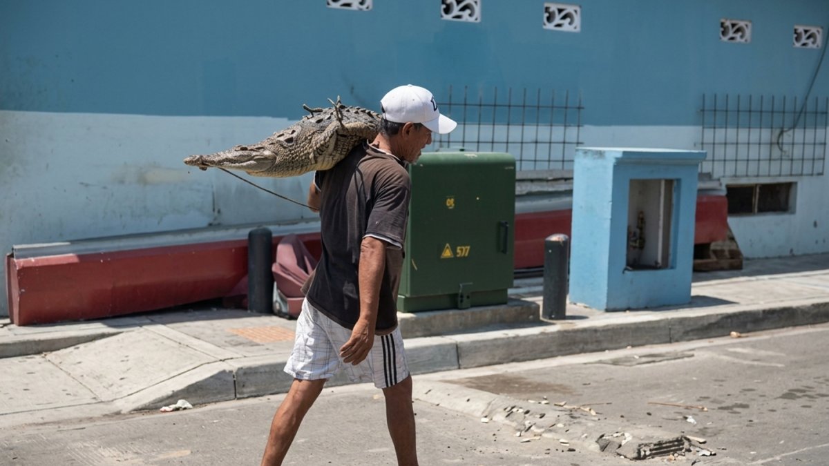 Un hombre carga un cocodrilo en Guayaquil.