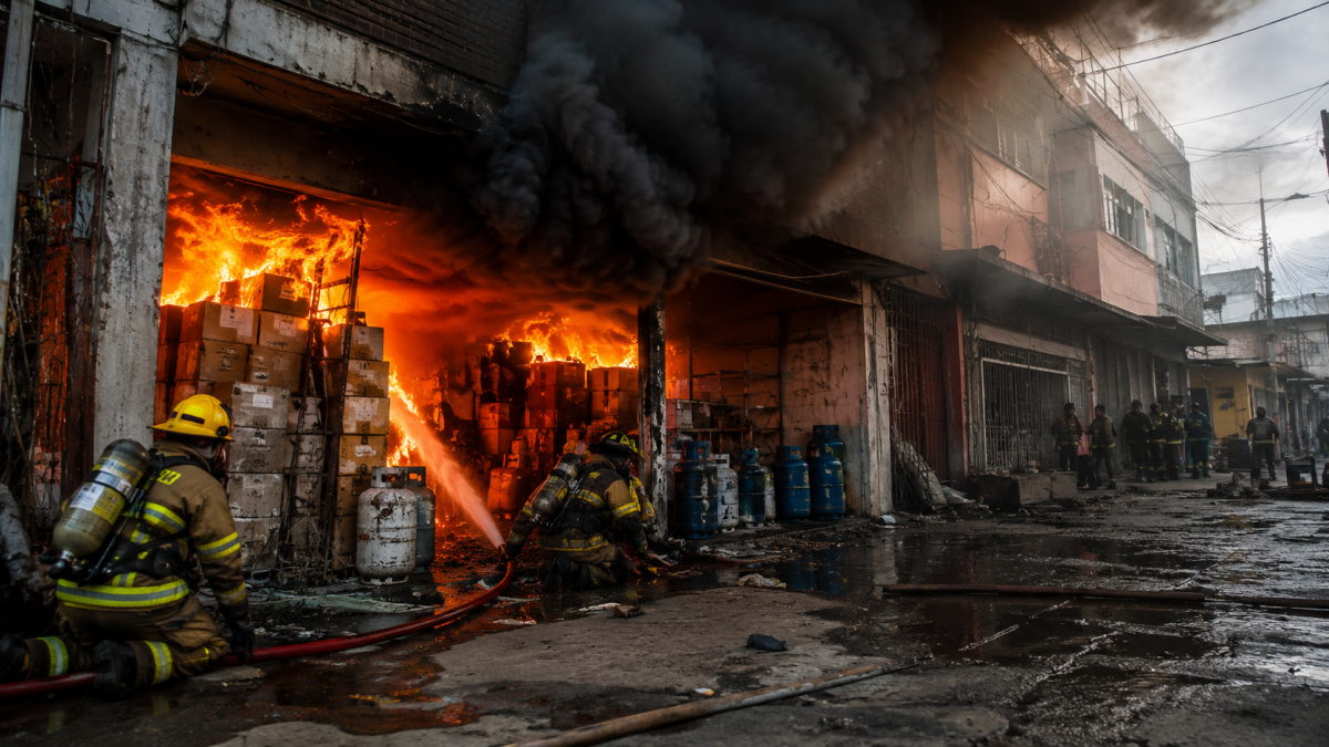 Bomberos enfrentan un incendio en una zona urbana, un escenario que evidencia los riesgos asociados al almacenamiento irregular de materiales inflamables en bodegas clandestinas.
