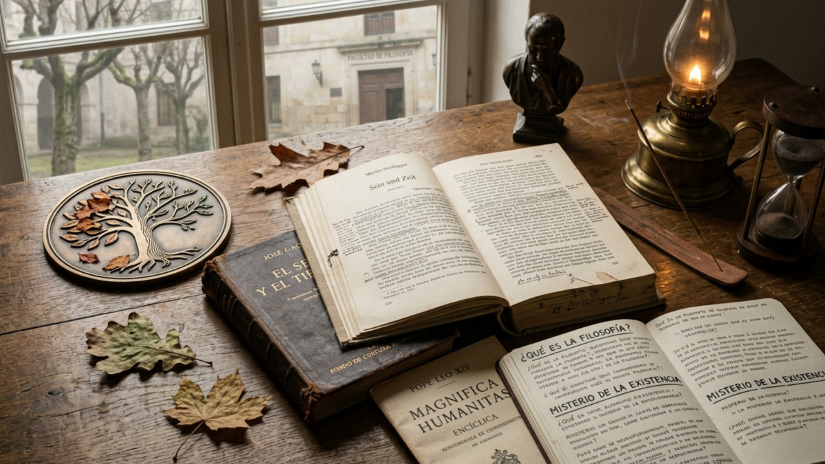 'El ser y el tiempo' de Martin Heidegger, rodeado de símbolos del tiempo y la reflexión, se erige como un recordatorio del misterio de la existencia humana.
