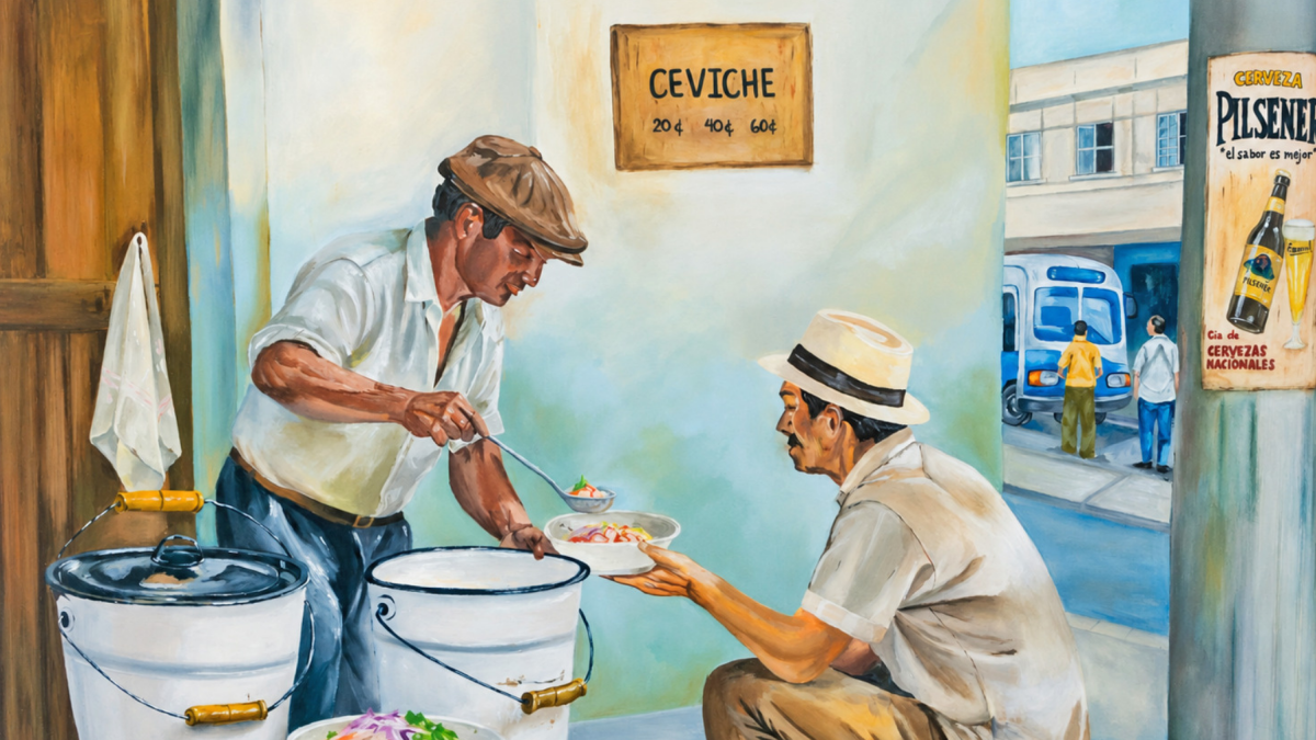 La venta de platos típicos como el ceviche, en las calles de Guayaquil, se recoge en la exposición pictórica.