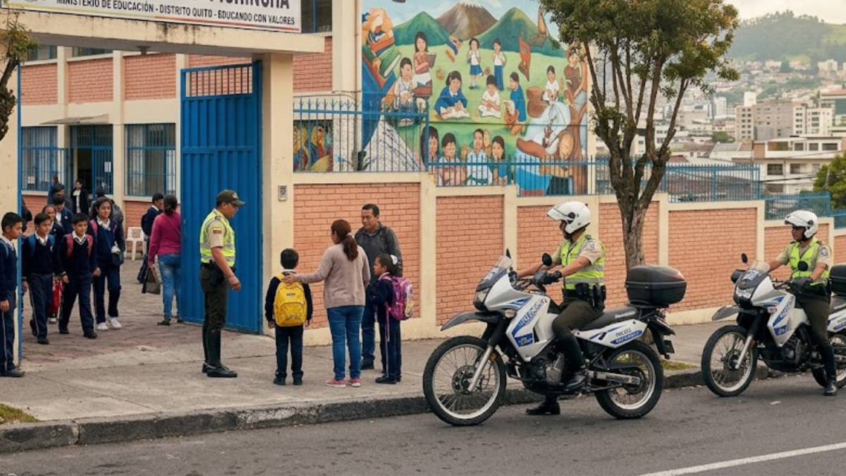 Imagen generada con IA, para simbolizar presencia policial en alrededores de colegios por entrada a clases en Quito.