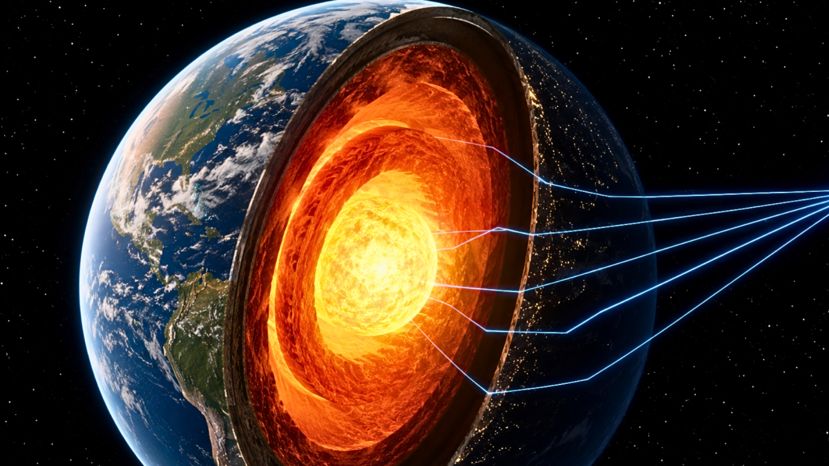 Una representación del interior de la Tierra muestra ondas sísmicas atravesando el manto y llegando hacia el núcleo, una técnica que permitió identificar posibles estructuras ocultas.