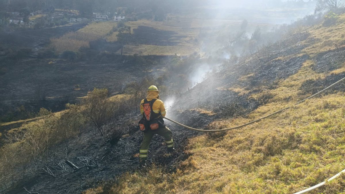 Bomberos controlaron el incendio forestal registrado en Ontaneda Alta, Conocoto, y realizan labores de enfriamiento en puntos calientes.