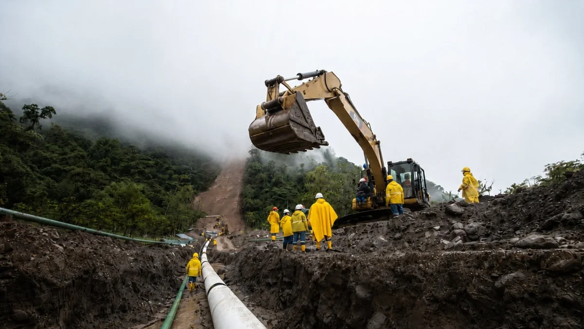 Petroecuador ejecuta la estabilización de taludes y obras de mitigación, como muros de contención, gaviones, bermas y sistemas de drenaje.