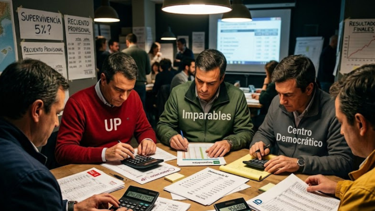 Imagen creada con IA, para simbolizar a dirigentes políticos calculando cuántos votos podrían obtener para evitar salir del registro electoral.