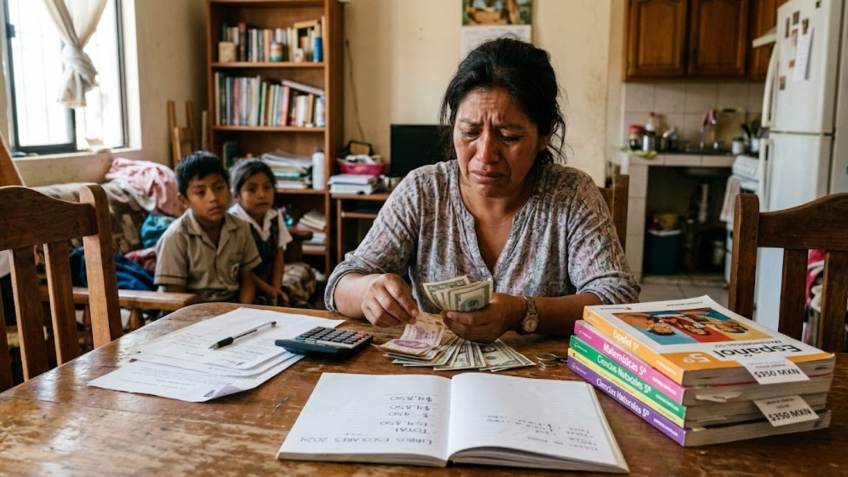 Imagen creada con IA para graficar la preocupación de una madre, que cuenta dinero para comprar textos.
