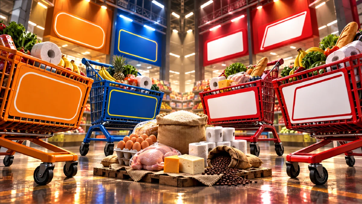 Un carrito con víveres básicos ilustra la competencia entre distintos formatos de tiendas de descuento y proximidad, donde el ahorro depende no solo del precio visible.