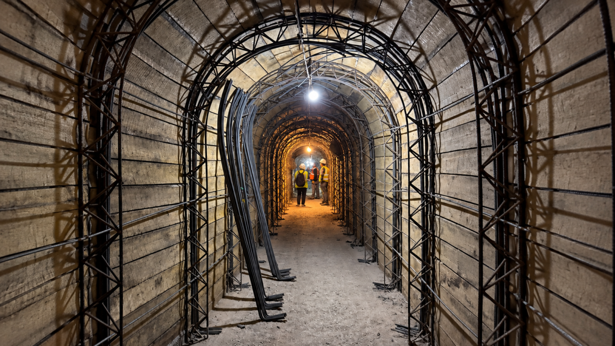 Entre estructuras metálicas y hormigón, trabajadores construyen el túnel que recogerá aguas residuales de sectores de Collaquí y La Esperanza.