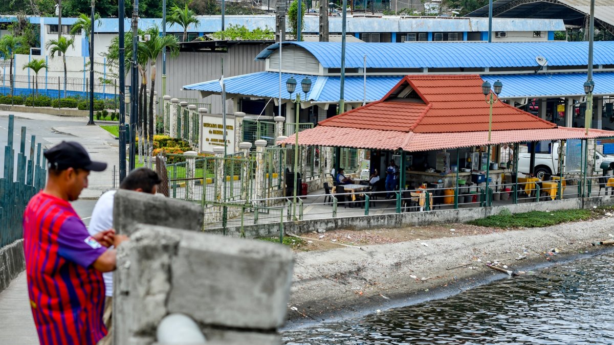 Ciudadanos pescan a diario sobre el puente que conecta la calle Portete con la avenida Rodríguez Bonín, sobre el estero Salado, en el oeste de Guayaquil.