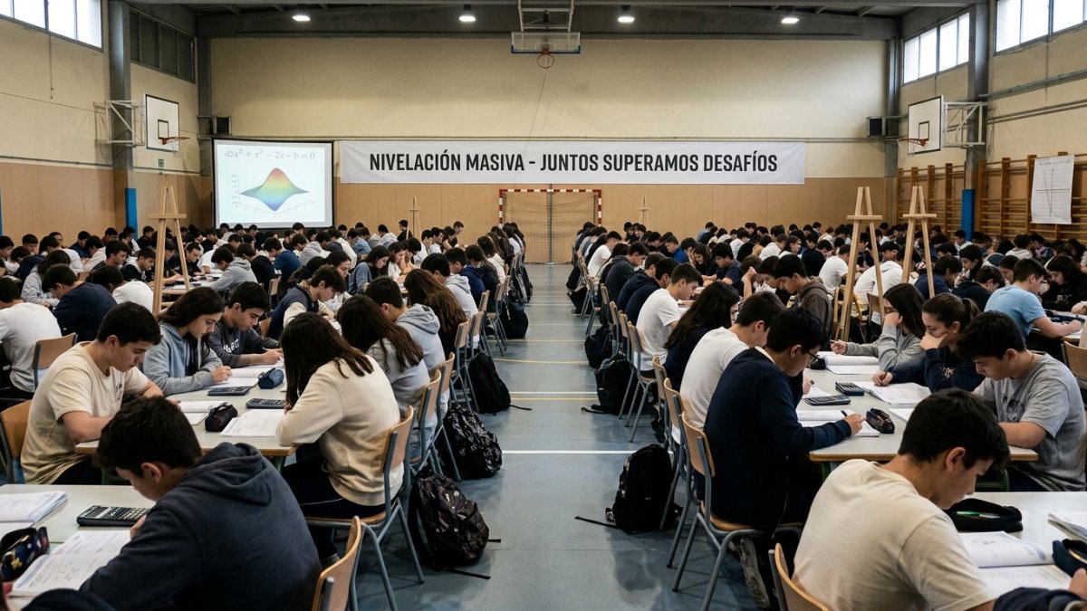 Fotografía, generada con IA, para graficar una nivelación masiva, tras bajas calificaciones en PISA 2025, en Ecuador.