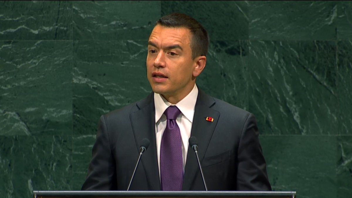El presidente de Ecuador, Daniel Noboa, durante su discurso en el 81 periodo de sesiones de la Asamblea General de las Naciones Unidas.