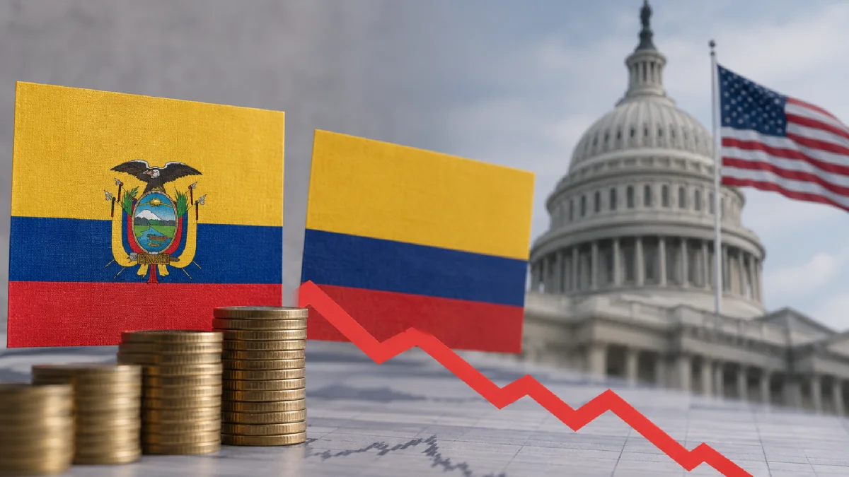 Monedas y las banderas de Ecuador y Colombia frente al Capitolio de Estados Unidos, en una imagen que ilustra la presión sobre los bonos emergentes por el alza de tasas.