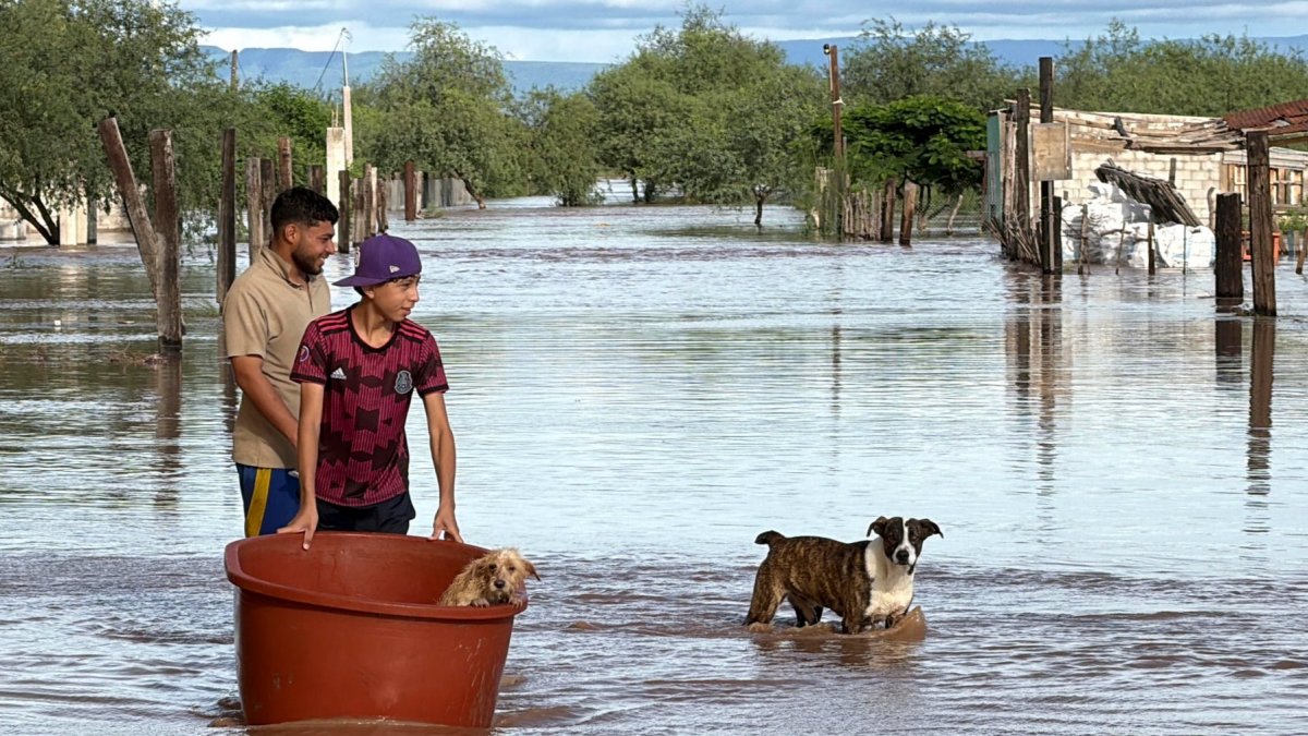 Personas cruzan en medio de una inundación causada por el paso de la tormenta tropical Polo en Guaymas al sur de Sonora (México).