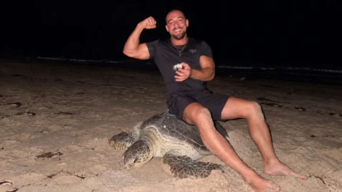 Oleynik montado encima de una tortuga.