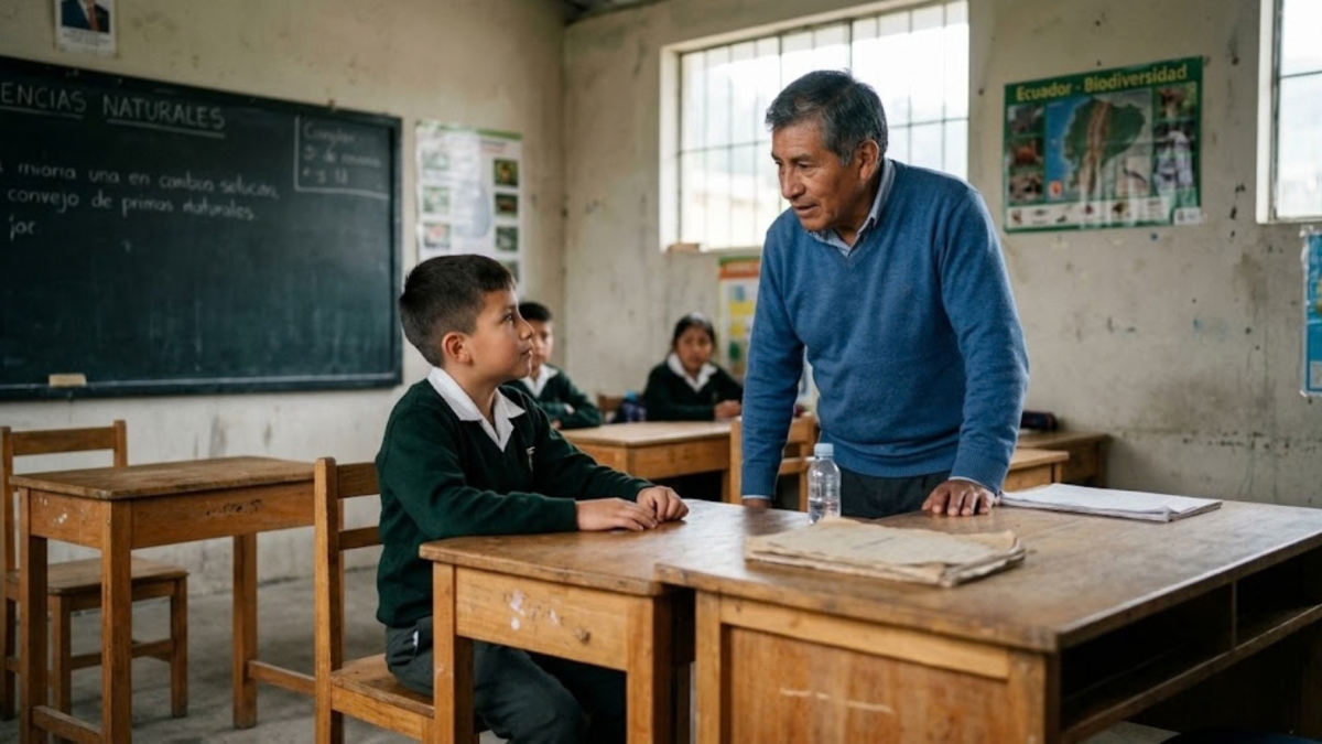 Foto referencial, generada con IA, para graficar a un profesor y un estudiante.