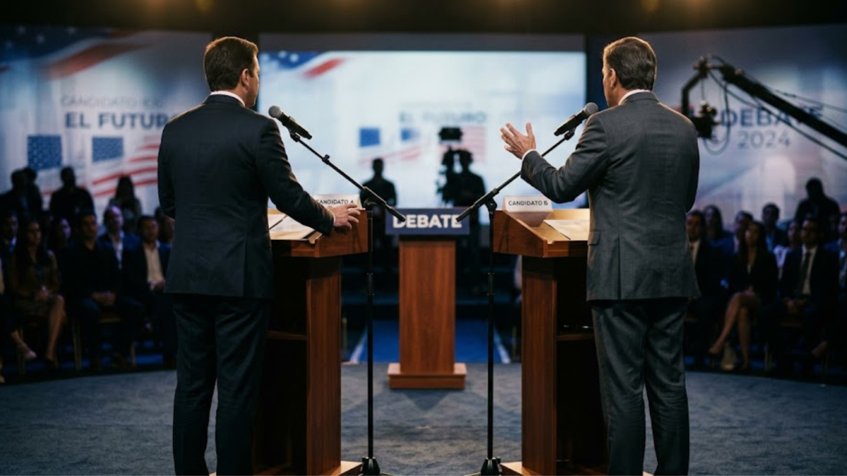 Imagen, generada con IA, para graficar un debate entre candidatos, para las elecciones seccionales.