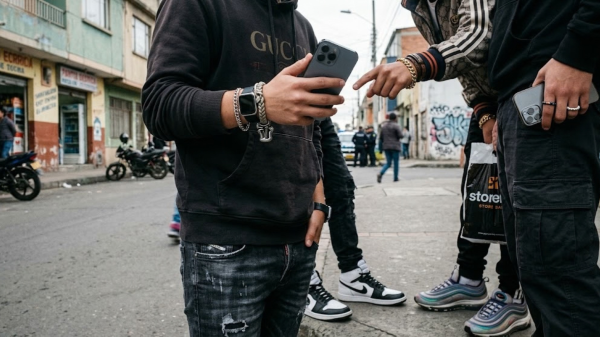 Imagen generada con IA, para simbolizar a adolescentes reclutados por GDO, que de repente tienen más dinero para comprar celulares, zapatos caros, etc.