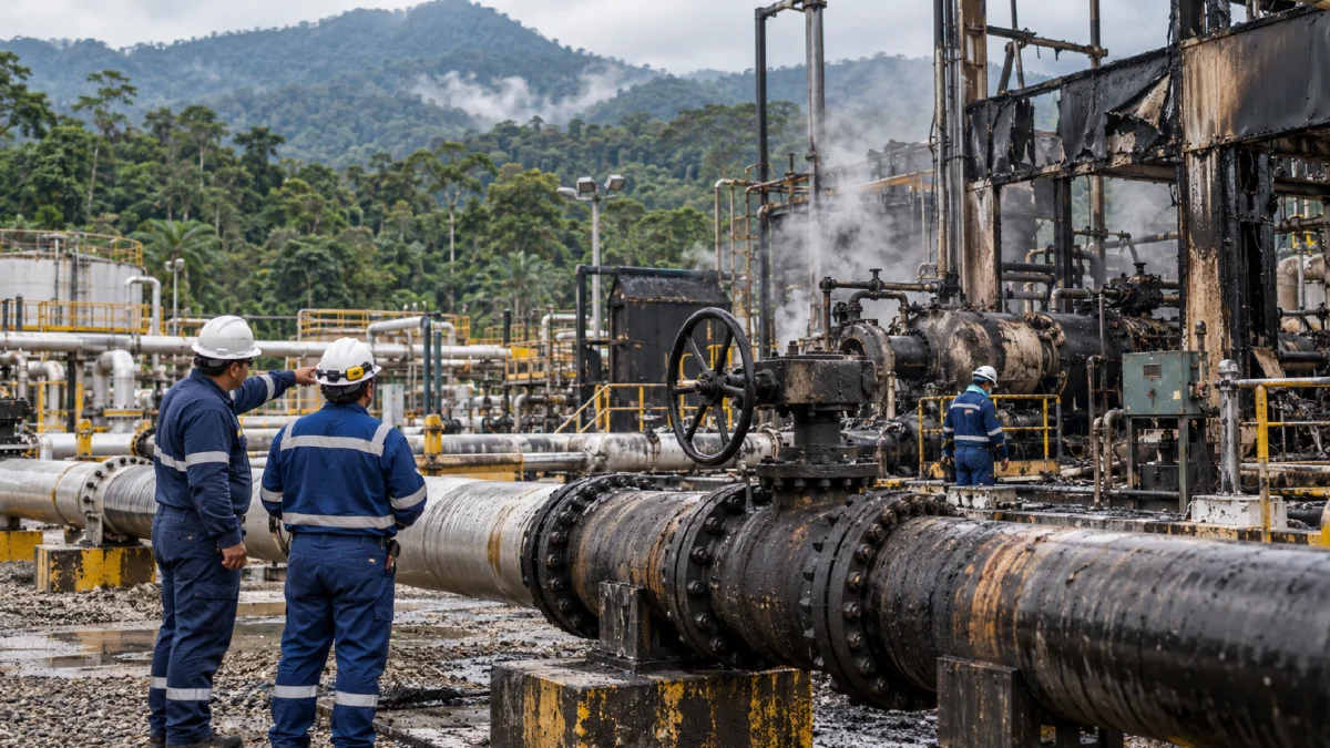 Equipos de Petroecuador trabajan en la Estación de Bombeo N.° 4 Baeza, en Quijos (Napo), donde un incendio paralizó el SOTE el 1 de octubre de 2026.