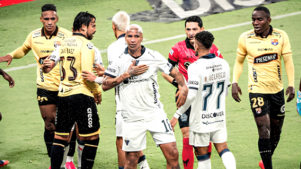 Deyverson (c.) durante el partido entre Liga de Quito y Barcelona.