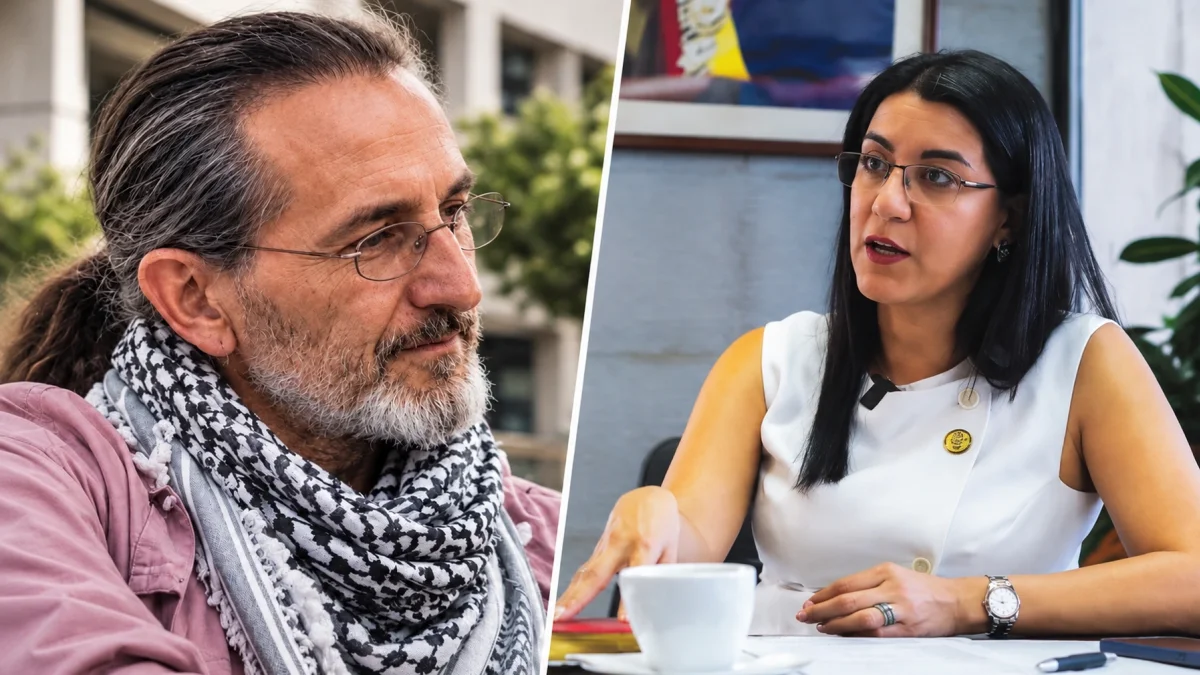 Santiago Rosano es el profesor que participó de las protestas. Gilda Alcívar es la ministra de Educación.