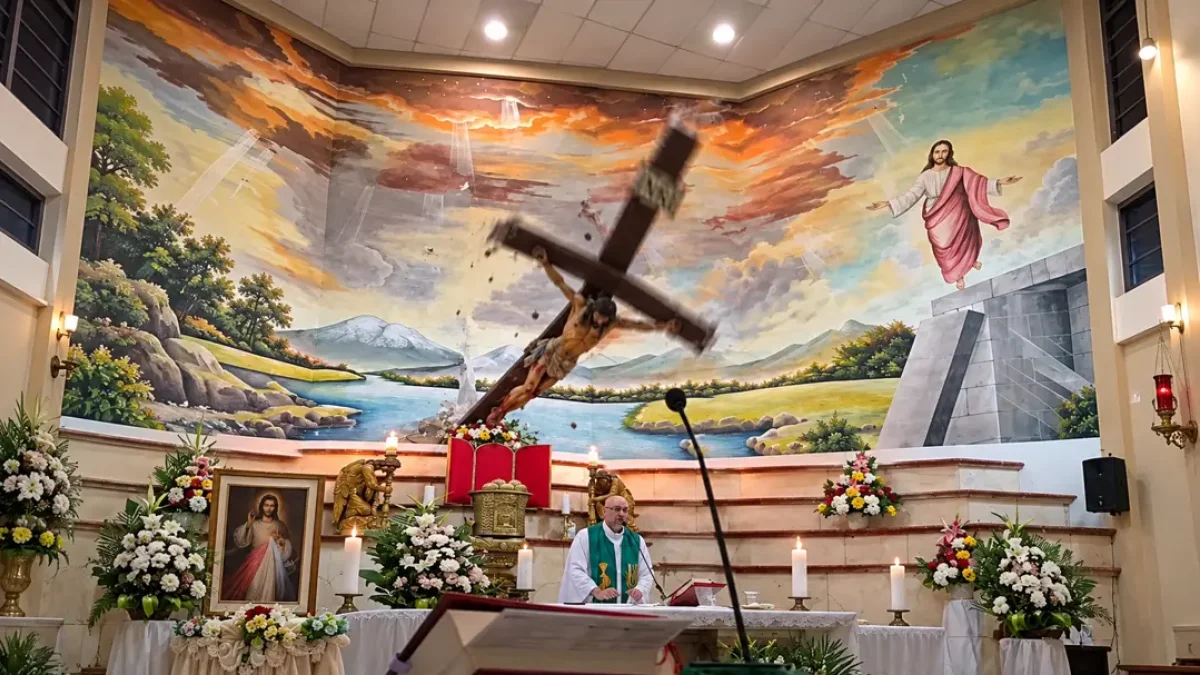 El accidente quedó registrado durante una transmisión religiosa. Los presentes intentaron auxiliar al sacerdote tras la caída de la cruz.