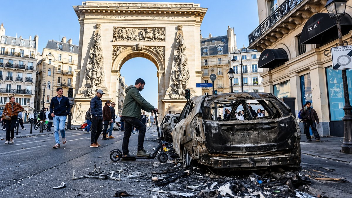La gente pasa junto a un coche calcinado tras los enfrentamientos entre la policía antidisturbios y los manifestantes en París.