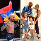 A la izquierda el peleador durante la cartelera UFC 252 y a la derecha luego del combate celebrando con su esposa y tres hijos.