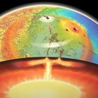 Impresión artística de una pluma activa del manto -una gran masa de roca caliente y flotante- que surge de las profundidades de Marte y empuja hacia Elysium Planitia.