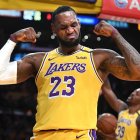 LOS ANGELES, CALIFORNIA JANUARY 7, 2020-Lakers LeBron James celebrates his basket and a foul by the Knicks at the Staples Center Tuesday. (Wally Skalij/Los Angerles Times)