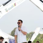 El presiente-candidato Daniel Noboa durante un acto de gobierno.