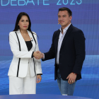 Luisa González y Daniel Noboa, en el debate presidencial, del 23 de marzo 2025.