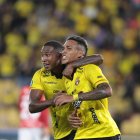 Jandry Gómez (d) anotó el prime gol de Barcelona SC en el duelo ante Leones FC.