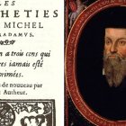 Imagen del libro de Nostradamus y un retrato del ocultista francés.
