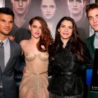 Stephanie Meyer junto al elenco principal de las películas en la alfombra roja de Breaking Dawn.
